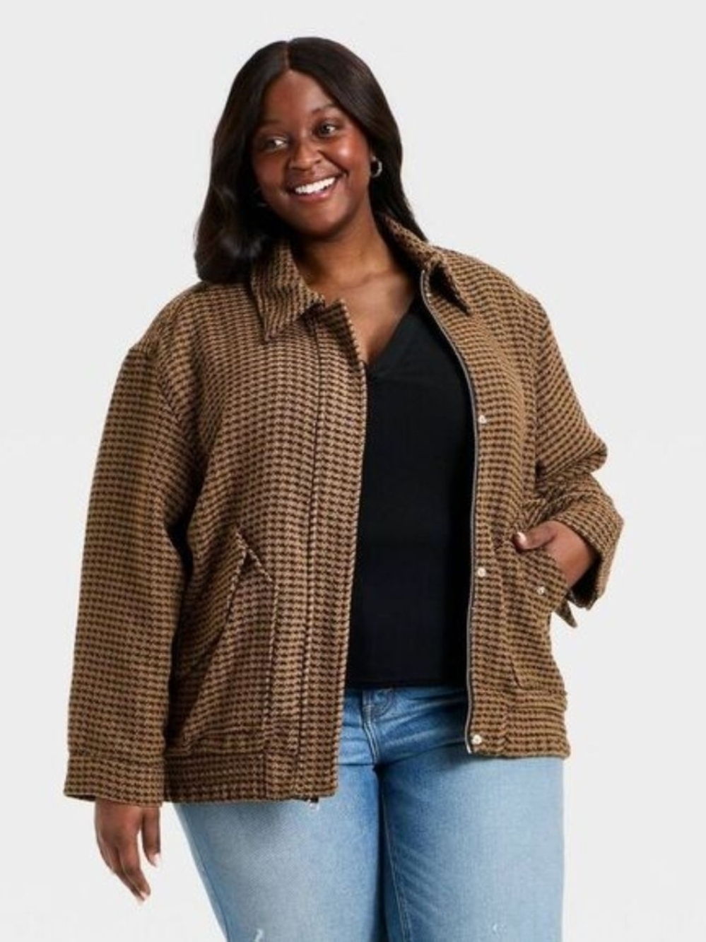 Universal Thread Brown Houndstooth Bomber Jacket - Picture 2 of 9